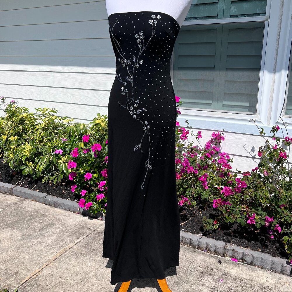 Rimini black stretch strapless maxi dress w/rhinestones beaded 6